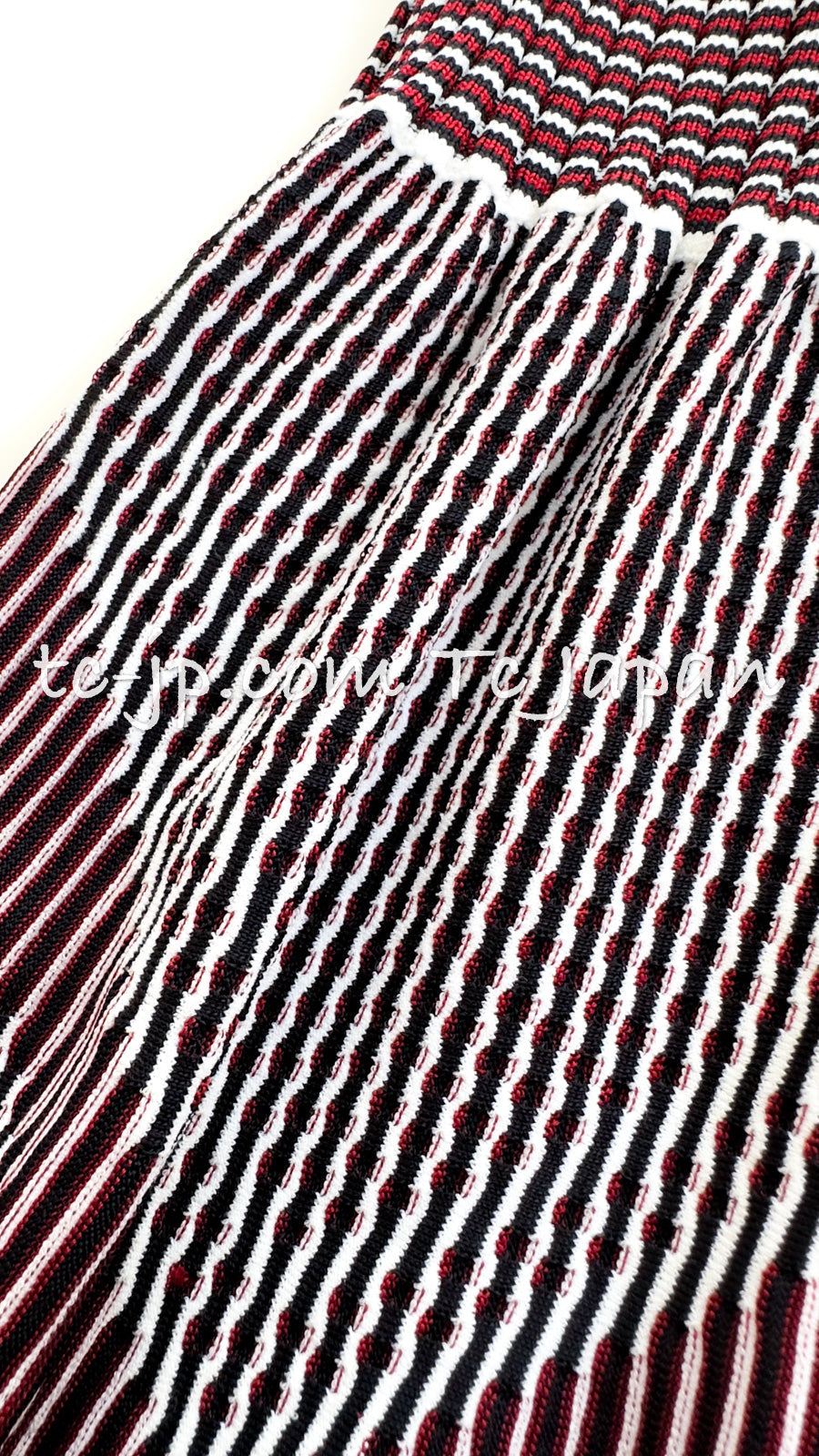 CHANEL 14S Wine Red White Stripe Stretch Knit Dress 40 42 シャネル ワイン レッド ホワイト ストライプ ストレッチ ニット ワンピース 即発
