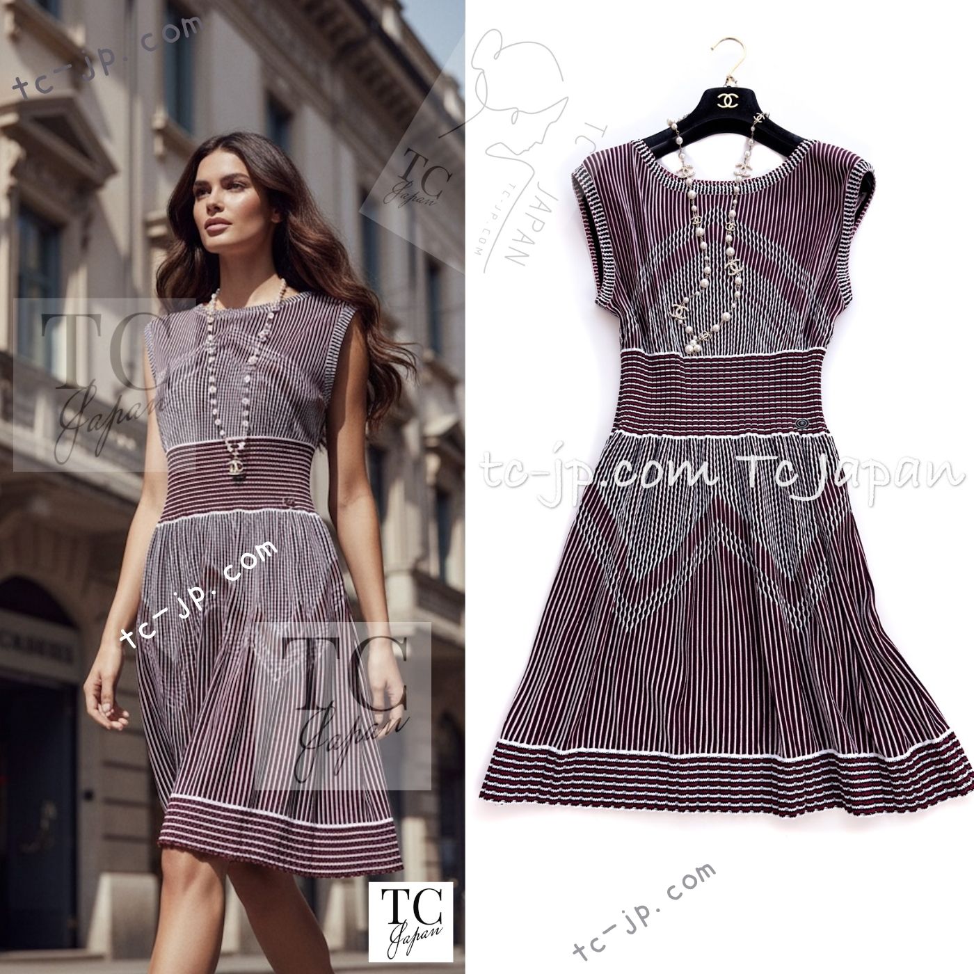 CHANEL 14S Wine Red White Stripe Stretch Knit Dress 40 42 シャネル ワイン レッド ホワイト ストライプ ストレッチ ニット ワンピース 即発