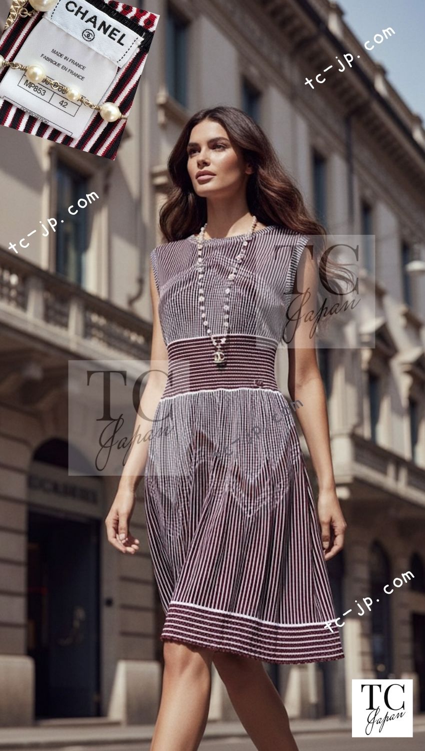 CHANEL 14S Wine Red White Stripe Stretch Knit Dress 40 42 シャネル ワイン レッド ホワイト ストライプ ストレッチ ニット ワンピース 即発