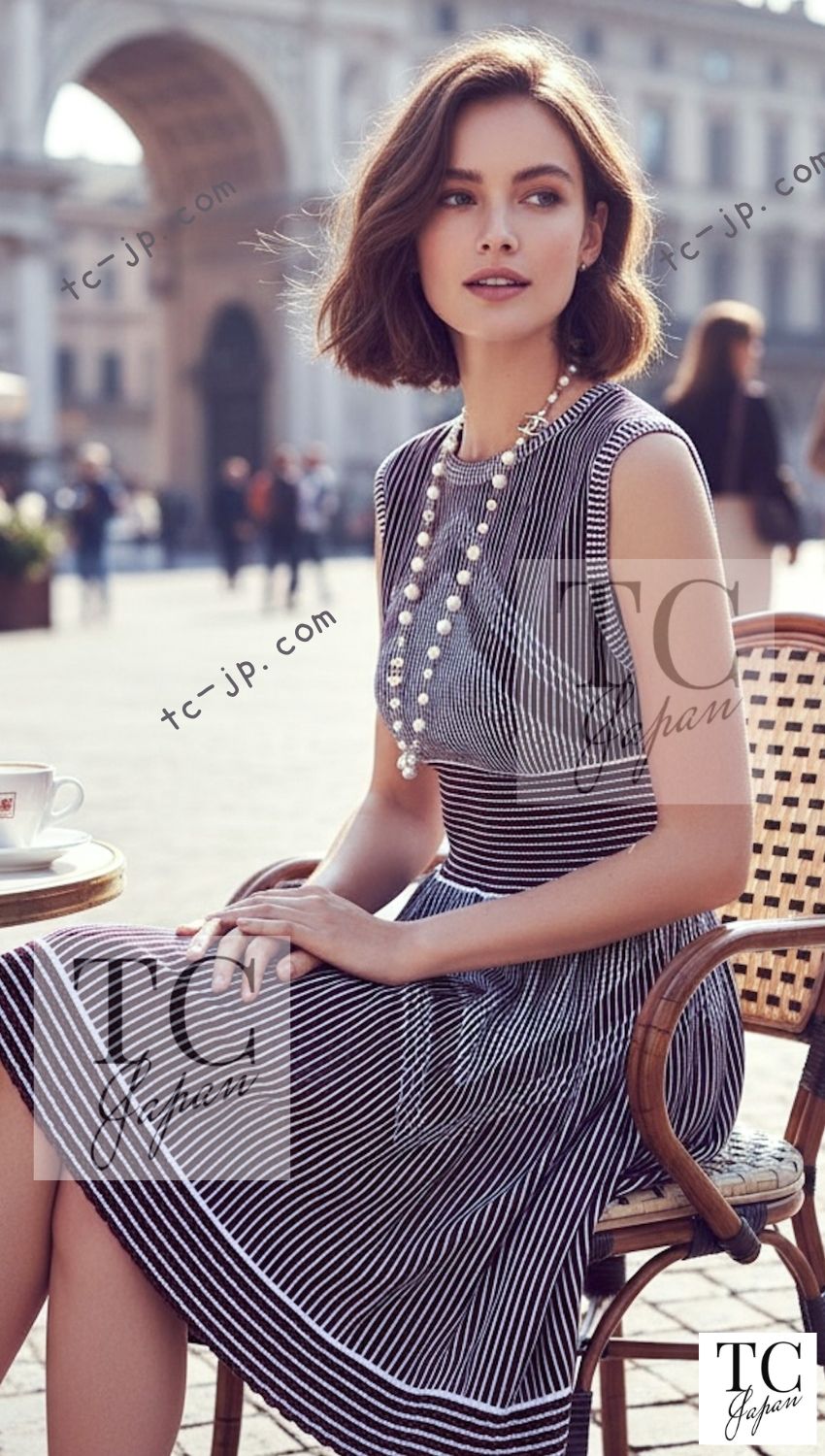 CHANEL 14S Navy White Stripe Stretch Knit Dress 34 シャネル ネイビー ストライプ ストレッチ ニット ワンピース 即発 - TC JAPAN