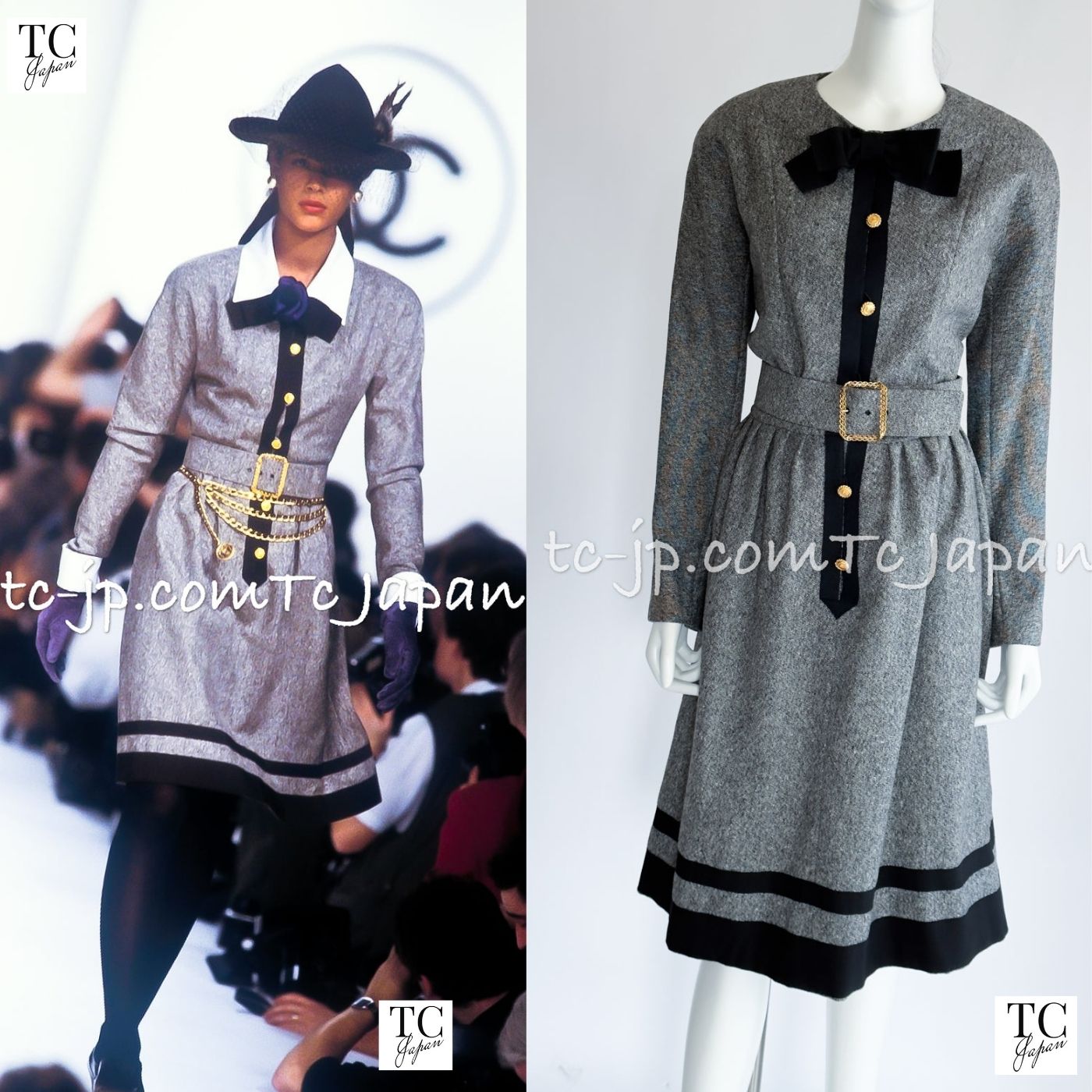 CHANEL 88A Vintage Naomi Campbell Gray Ribbon Bow Dress 40 シャネル ワンピース CHANEL 88A ヴィンテージ グレー リボン ワンピース 40