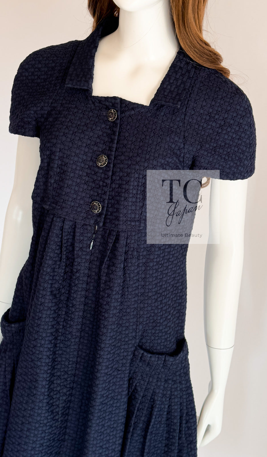 CHANEL 11S Navy CC Button Flare Cotton Dress 38 シャネル ネイビー CC ボタン フレア コットン  ワンピース 即発