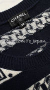 CHANEL 17PS Navy Ivory Chain Turn Lock Pattern Cashmere Knit Dress 36 38 シャネル ネイビー アイボリー チェーン & ターンロック 柄 カシミヤ ニット ワンピース 即発