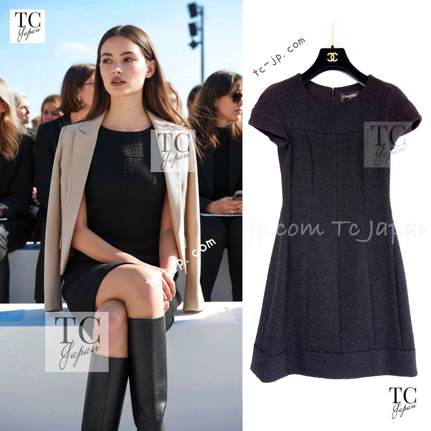 CHANEL 13A Black Short Sleeve Wool Silk Dress 34 シャネル ブラック 半袖 ウール シルク ワンピース