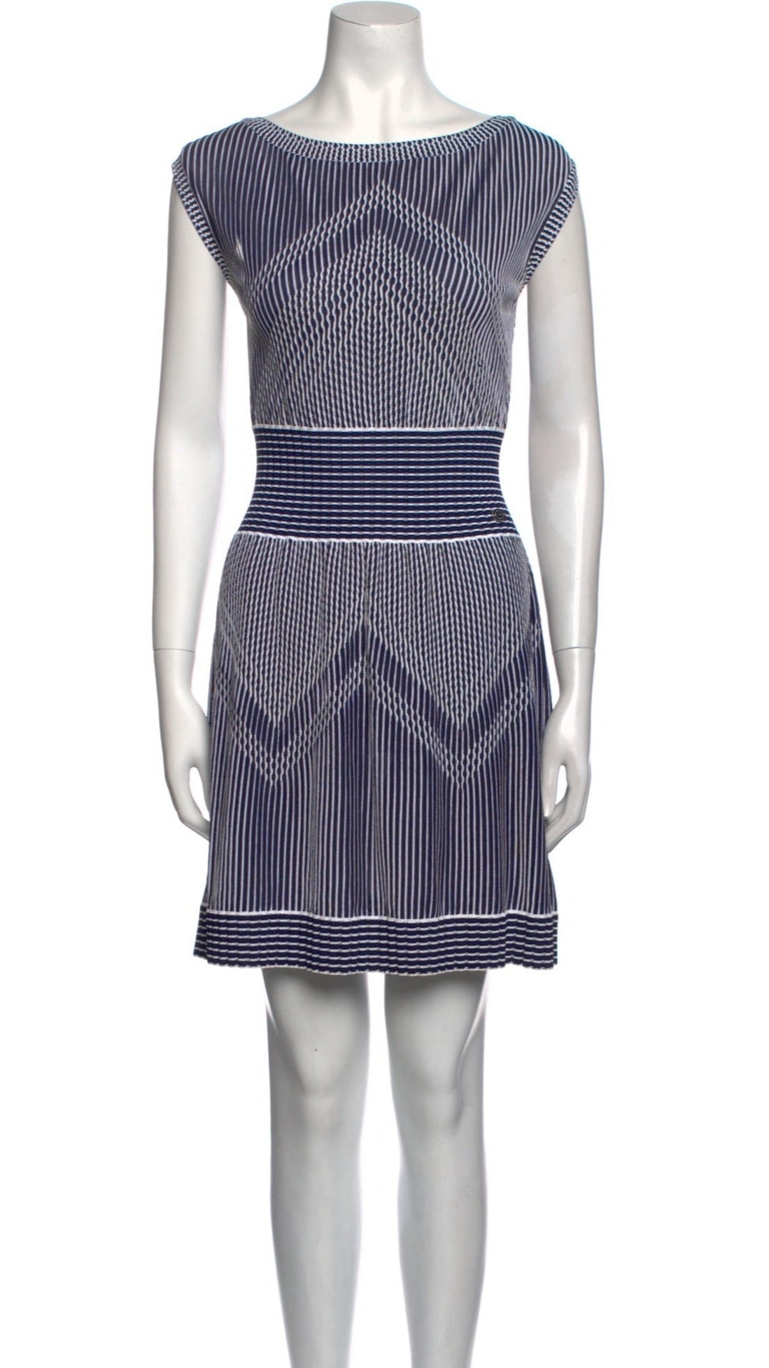 CHANEL 14S Navy White Stripe Stretch Knit Dress 34 シャネル ネイビー ストライプ ストレッチ ニット ワンピース 即発