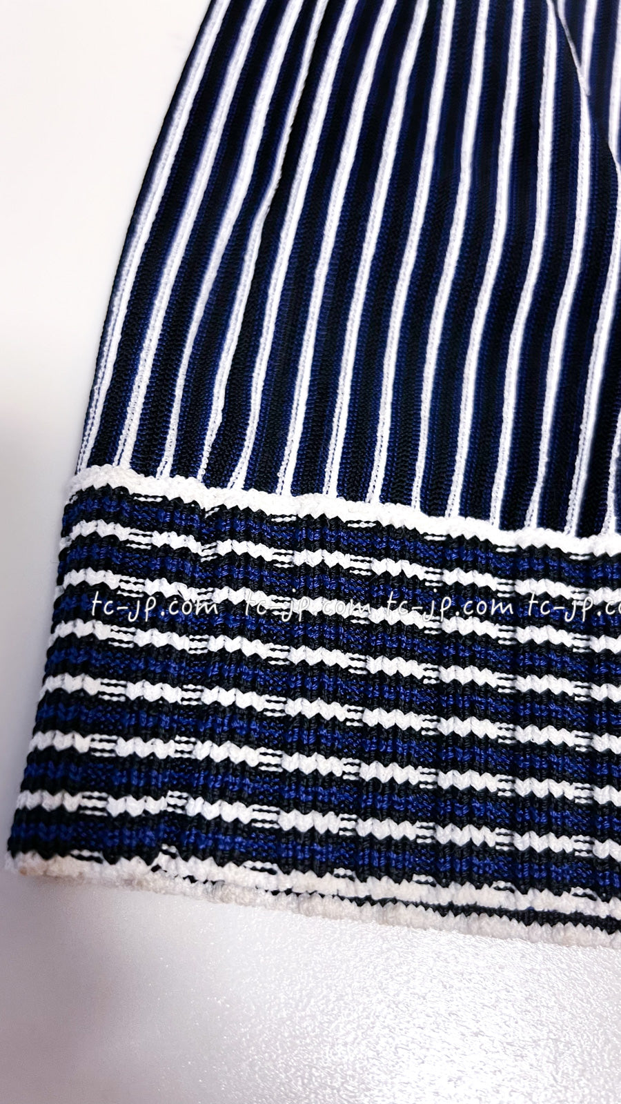 CHANEL 14S Navy White Stripe Stretch Knit Dress 34 シャネル ネイビー ストライプ ストレッチ ニット ワンピース 即発