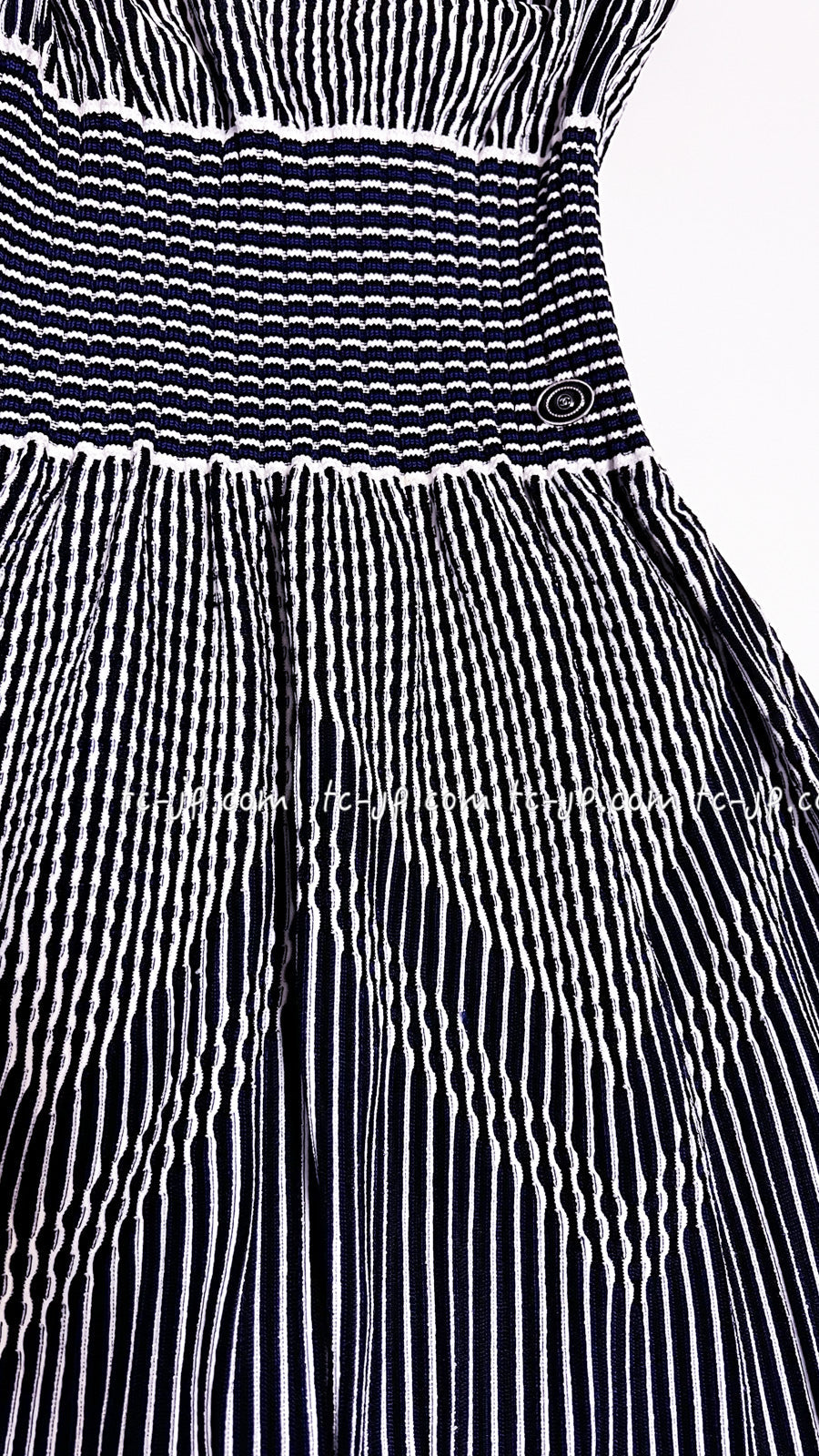 CHANEL 14S Navy White Stripe Stretch Knit Dress 34 シャネル ネイビー ストライプ ストレッチ ニット ワンピース 即発