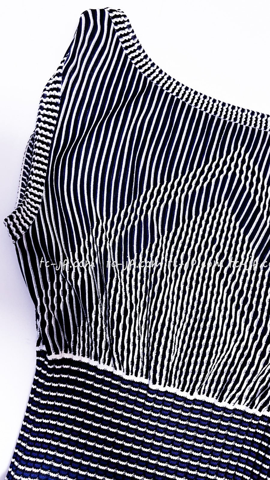 CHANEL 14S Navy White Stripe Stretch Knit Dress 34 シャネル ネイビー ストライプ ストレッチ ニット ワンピース 即発