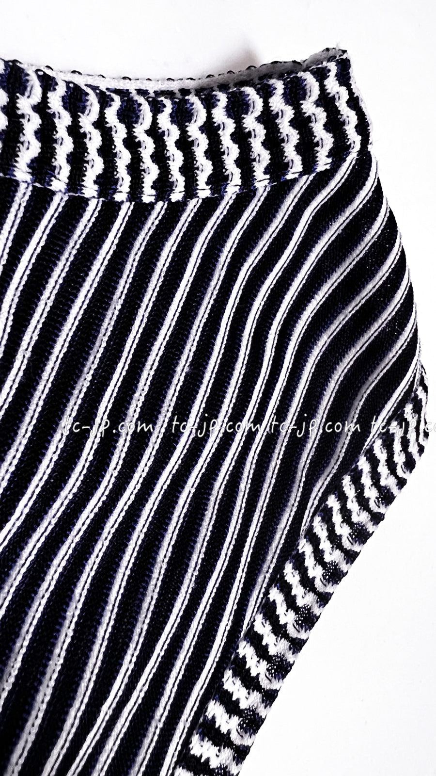 CHANEL 14S Navy White Stripe Stretch Knit Dress 34 シャネル ネイビー ストライプ ストレッチ ニット ワンピース 即発