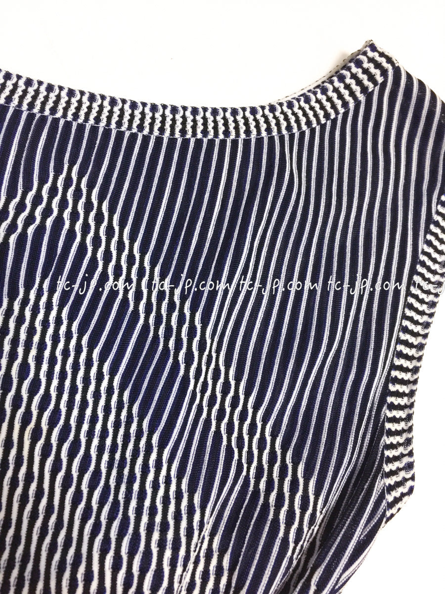 CHANEL 14S Navy White Stripe Stretch Knit Dress 34 シャネル ネイビー ストライプ ストレッチ ニット ワンピース 即発