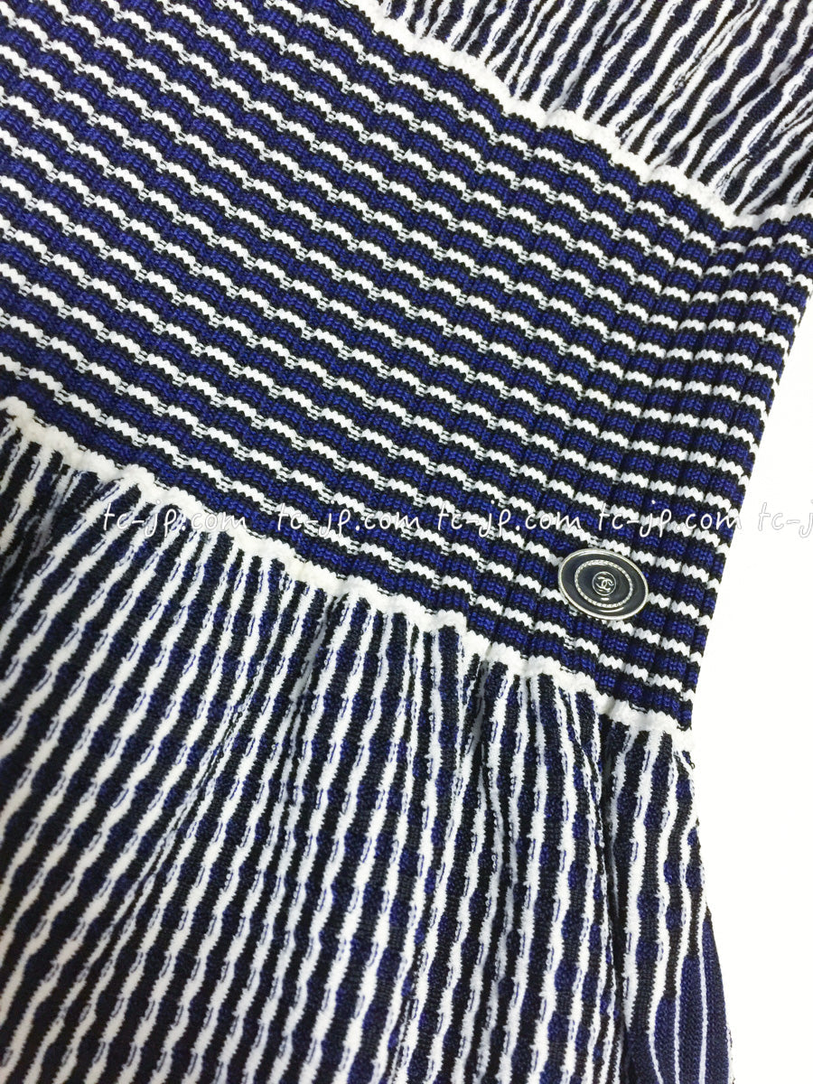 CHANEL 14S Navy White Stripe Stretch Knit Dress 34 シャネル ネイビー ストライプ ストレッチ ニット ワンピース 即発