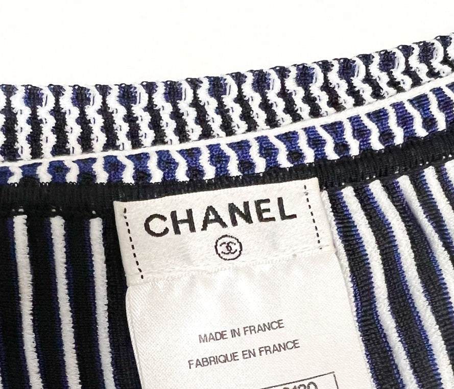 CHANEL 14S Navy White Stripe Stretch Knit Dress 34 シャネル ネイビー ストライプ ストレッチ ニット ワンピース 即発