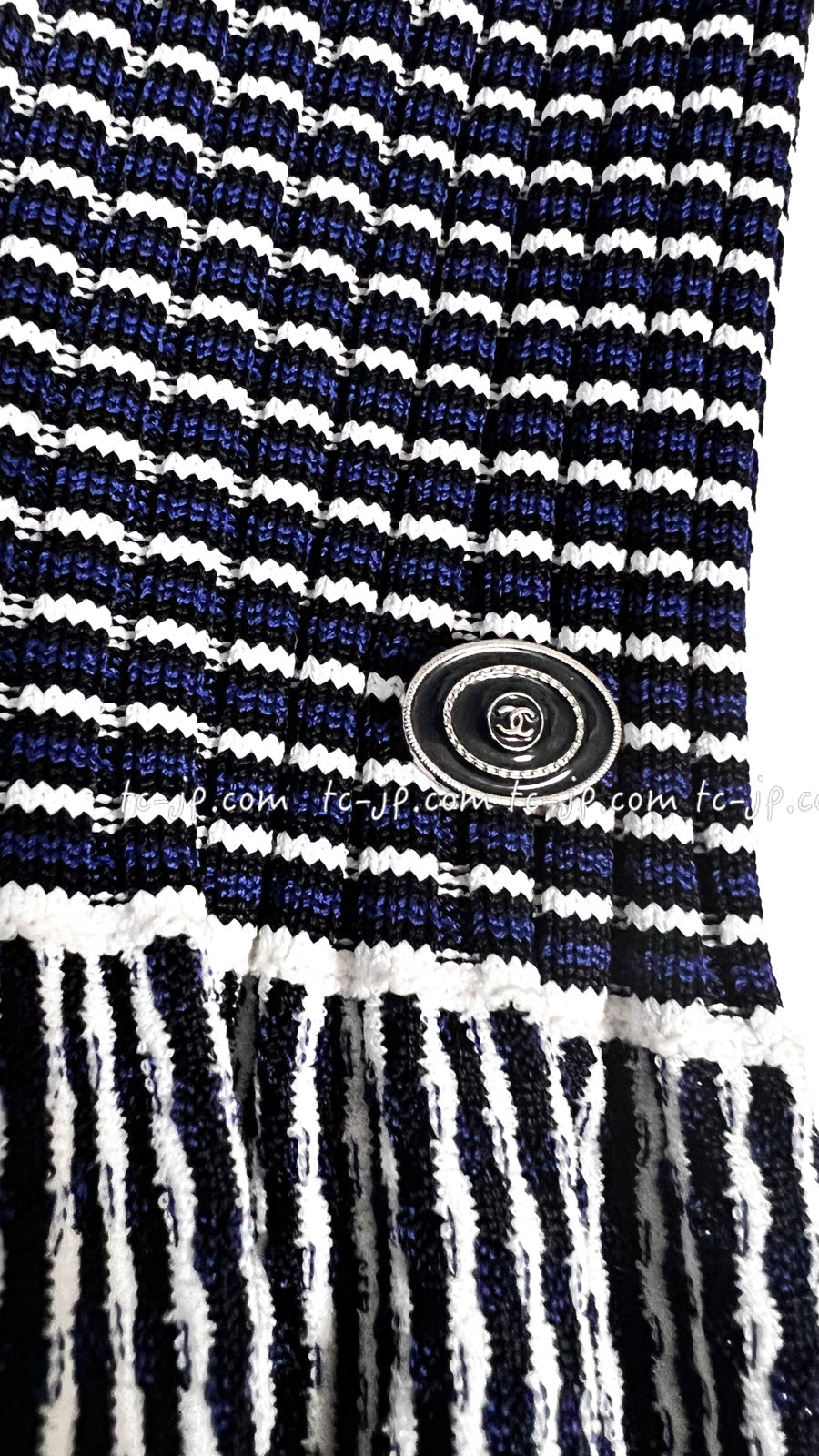 CHANEL 14S Navy White Stripe Stretch Knit Dress 34 シャネル ネイビー ストライプ ストレッチ ニット ワンピース 即発