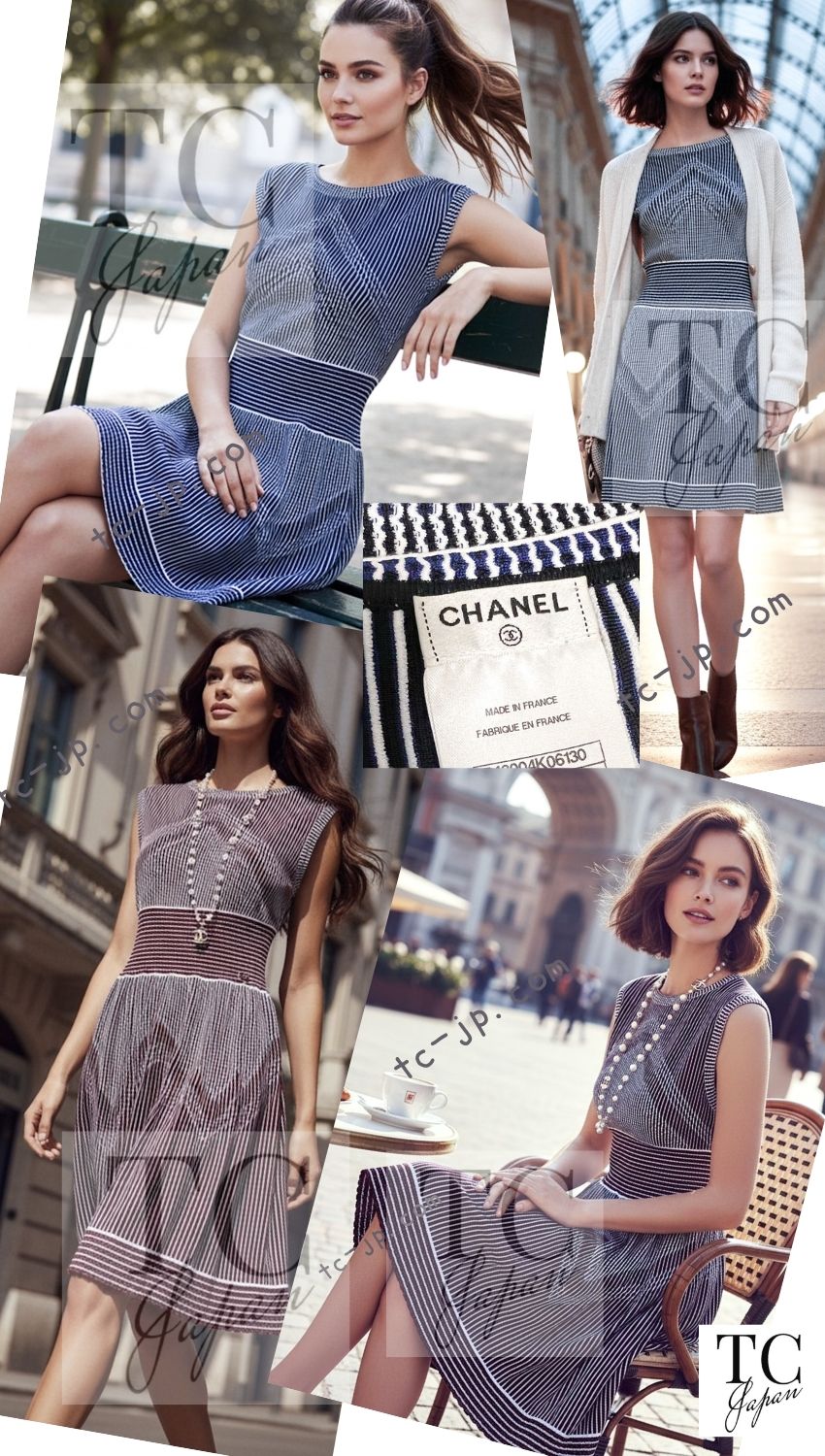 CHANEL 14S Navy White Stripe Stretch Knit Dress 34 シャネル ネイビー ストライプ ストレッチ ニット ワンピース 即発