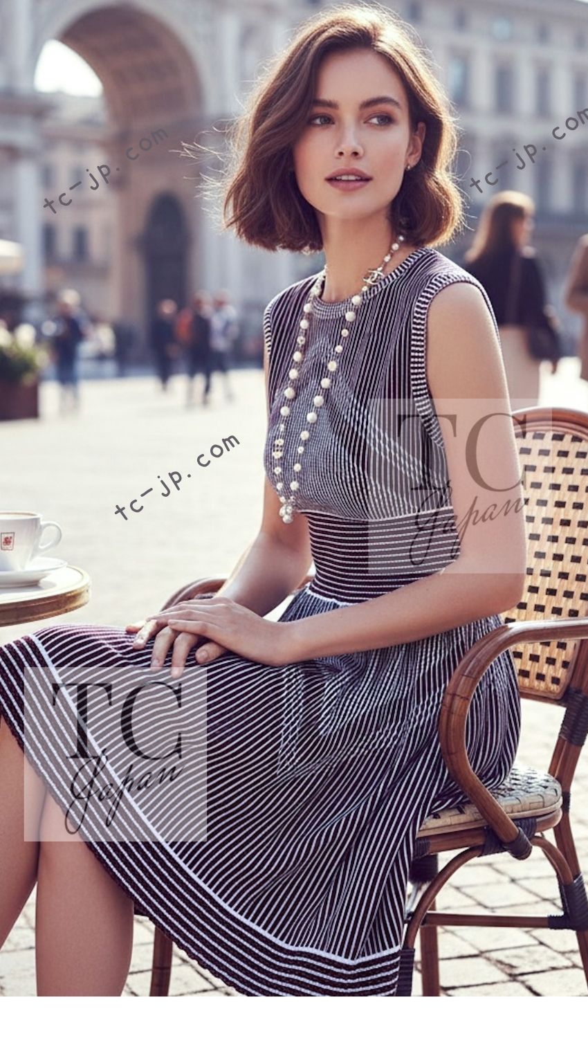 CHANEL 14S Pale Blue Stripe Boat Neck Stretch Knit Dress 40 42 シャネル ペール ブルー ストライプ ストレッチ ニット ワンピース 即発 - TC JAPAN