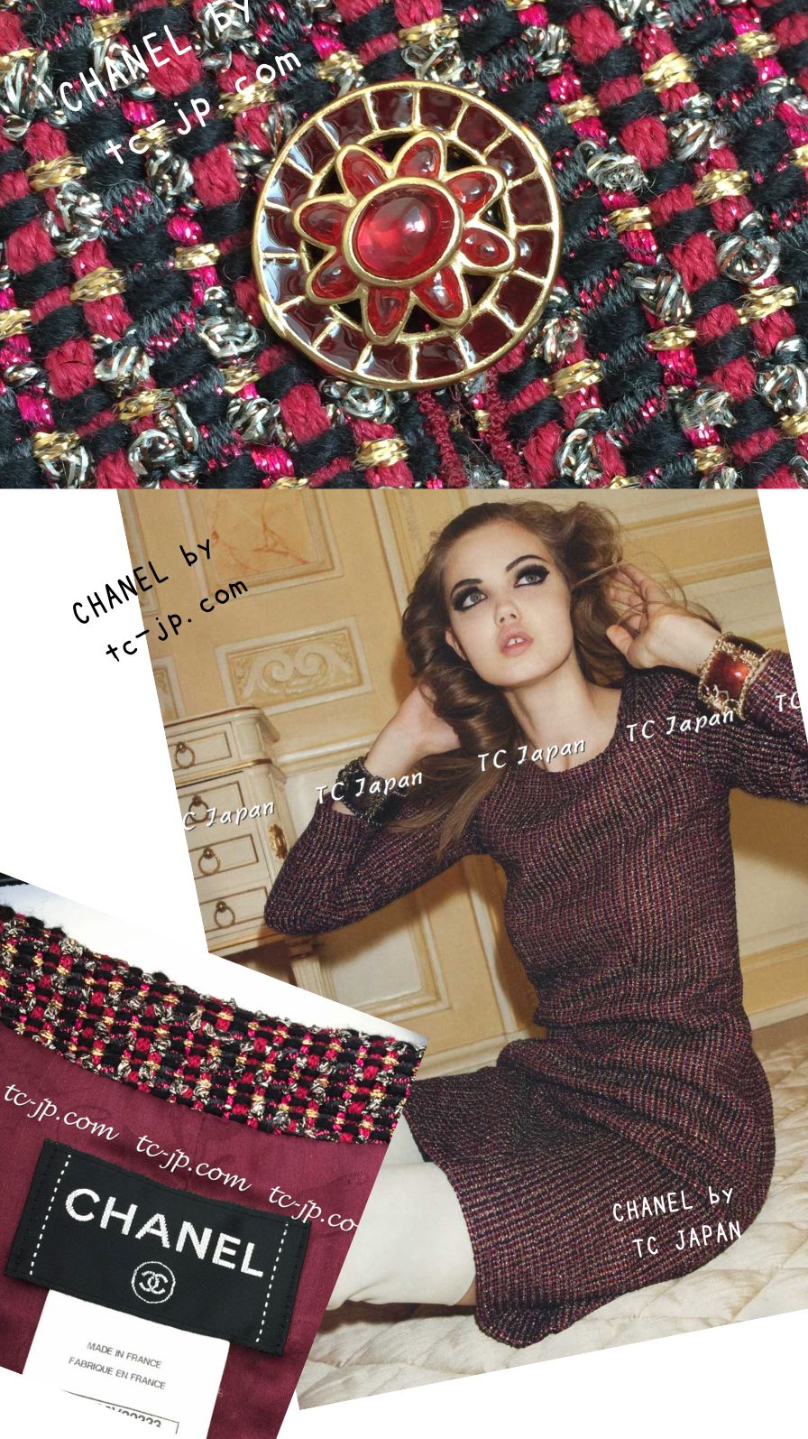 CHANEL 12PF Burgundy Wine Gripox Buttons Tweed Dress 36 シャネル バーガンディー ワインレッド グリポワ 宝石 ボタン ツイード ワンピース