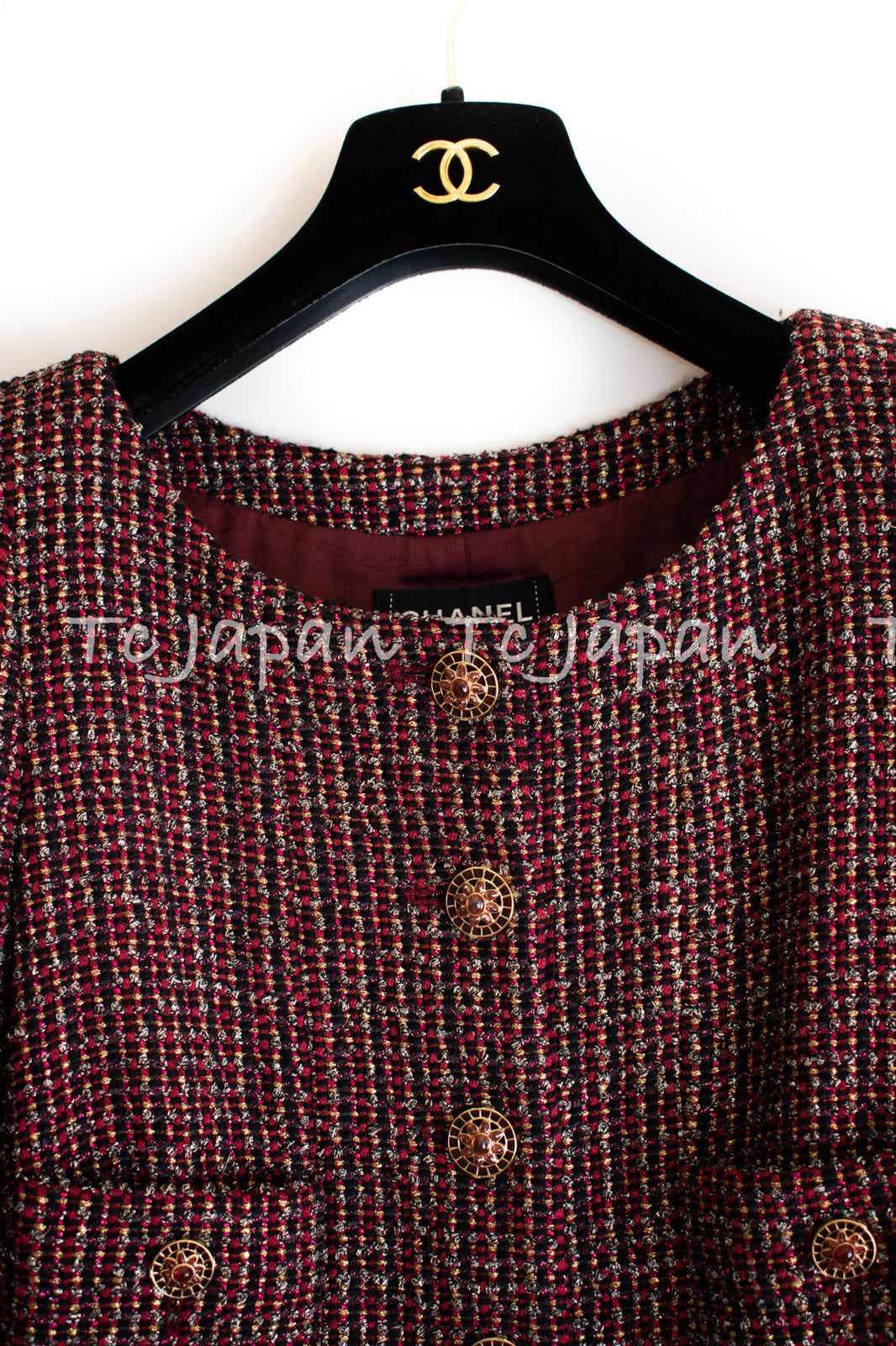 CHANEL 12PF Burgundy Wine Gripox Buttons Tweed Dress 36 シャネル バーガンディー ワインレッド グリポワ 宝石 ボタン ツイード ワンピース
