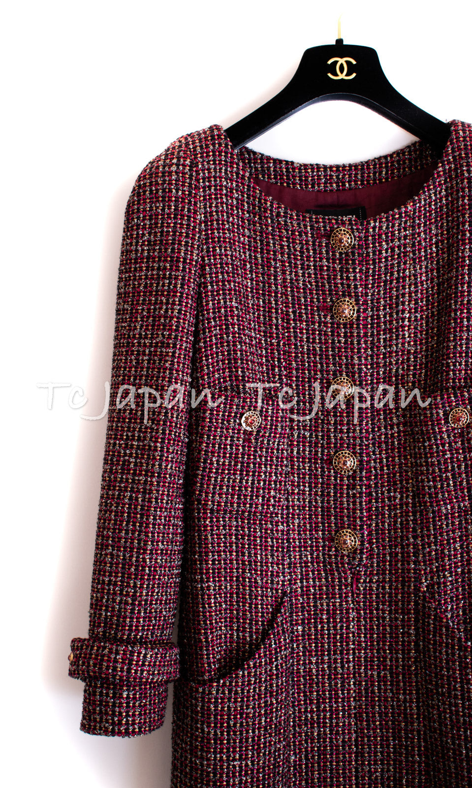 CHANEL 12PF Burgundy Wine Gripox Buttons Tweed Dress 36 シャネル バーガンディー ワインレッド グリポワ 宝石 ボタン ツイード ワンピース