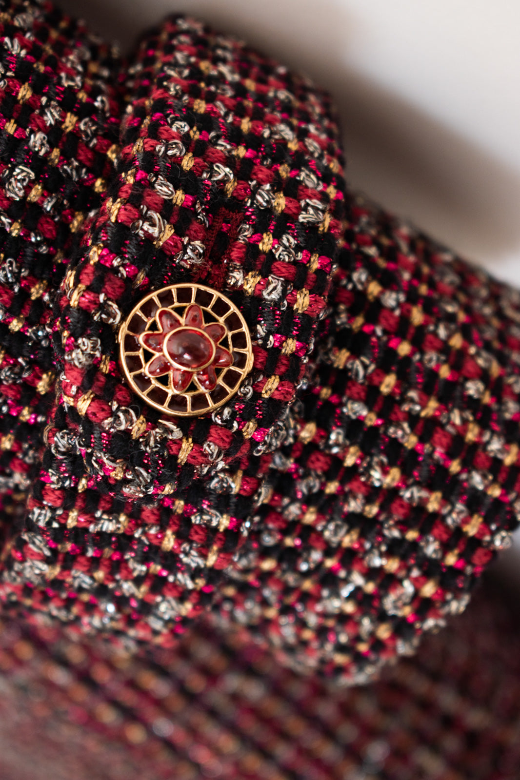 CHANEL 12PF Burgundy Wine Gripox Buttons Tweed Dress 36 シャネル バーガンディー ワインレッド グリポワ 宝石 ボタン ツイード ワンピース