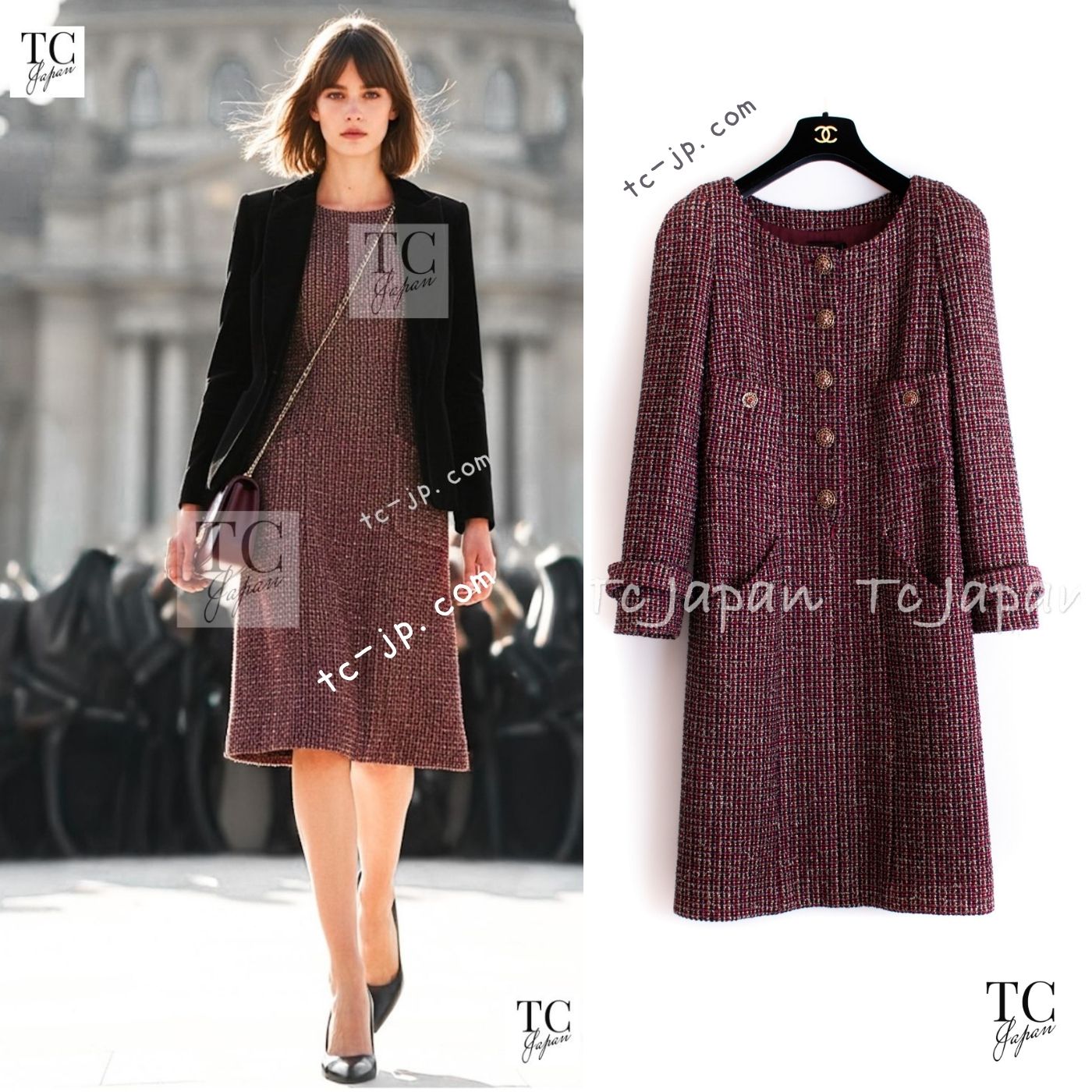 CHANEL 12PF Burgundy Wine Gripox Buttons Tweed Dress 36 シャネル バーガンディー ワインレッド グリポワ 宝石 ボタン ツイード ワンピース