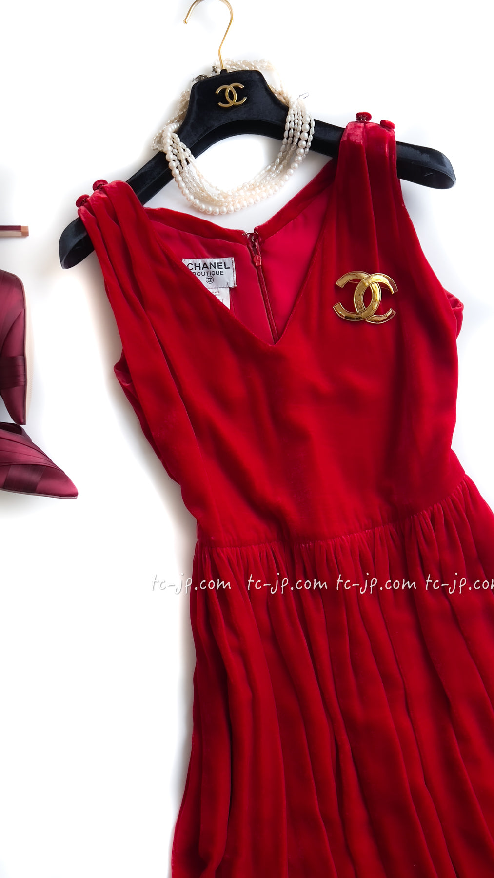 CHANEL 96S Red Velvet Dress 38 40 シャネル スーパーモデルのレッド ベルベット ドレス ワンピース 即発