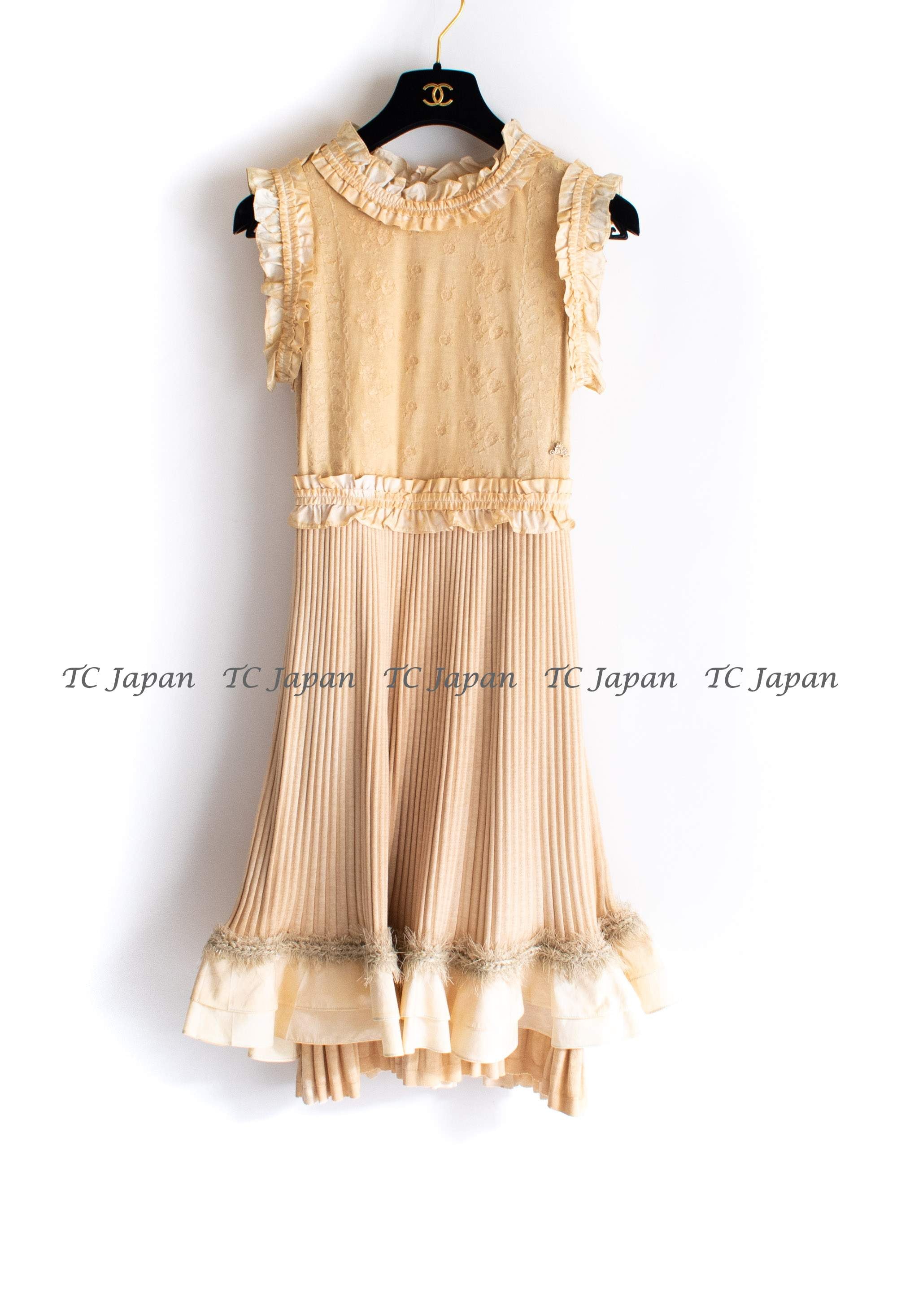 シャネル ワンピース CHANEL 10S ベージュ フリンジ コットン ニット