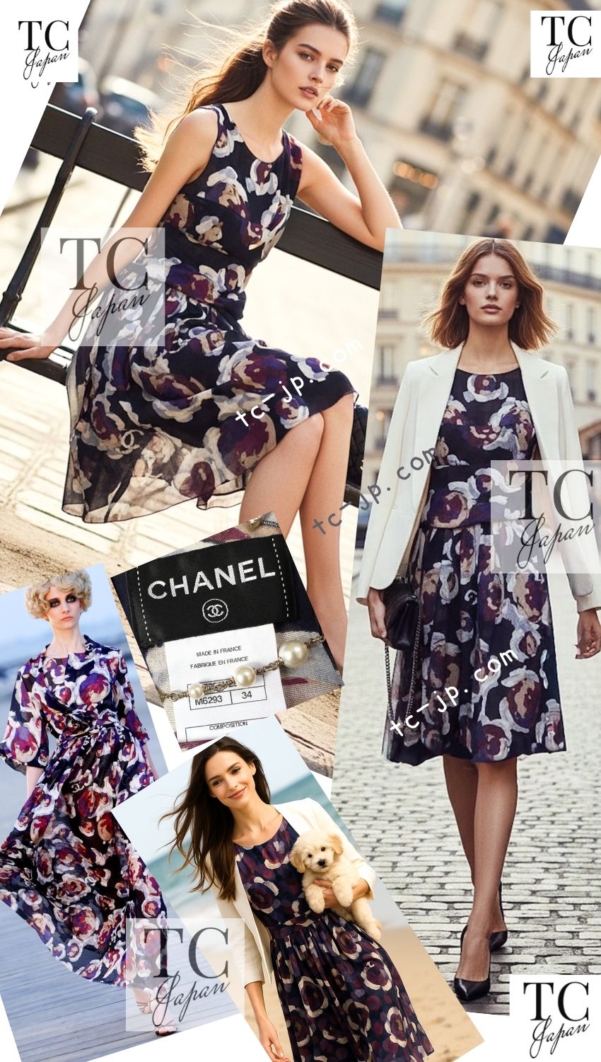 シャネル ワンピース CHANEL 10C ネイビー マルチカラー シルク