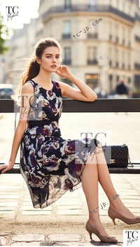 CHANEL 10C Navy Multicolor Flower Silk Dress 34 38 シャネル ネイビー マルチカラー フラワー シルク100 ワンピース 即発