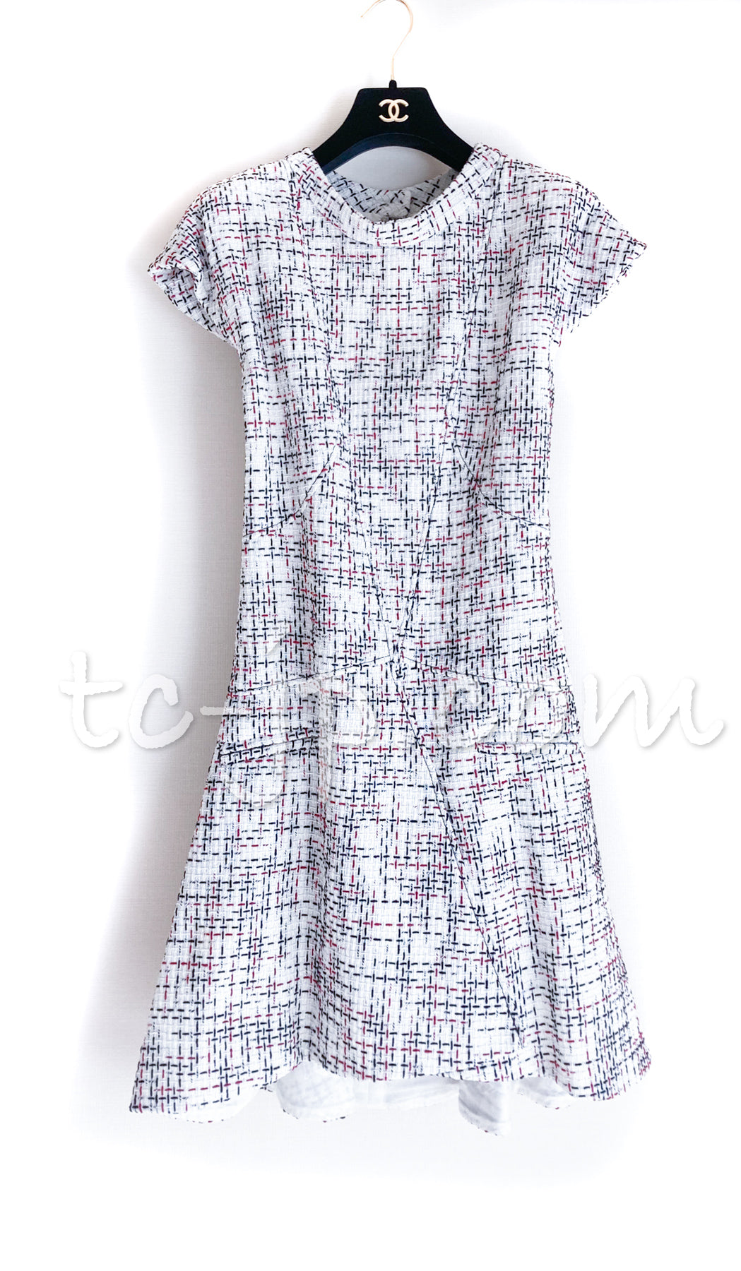 CHANEL 15S White Ivory Black Red Cotton Tweed Dress 38 シャネル ホワイト アイボリー ブラック レッド コットン ツイード フレア ワンピース 即発