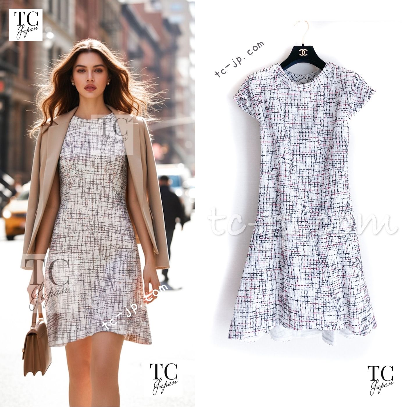 CHANEL 15S White Ivory Black Red Cotton Tweed Dress 38 シャネル ホワイト アイボリー ブラック レッド コットン ツイード フレア ワンピース 即発