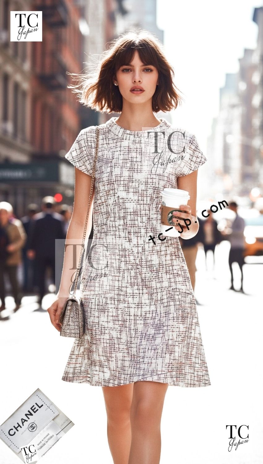 CHANEL 15S White Ivory Black Red Cotton Tweed Dress 38 シャネル ホワイト アイボリー ブラック レッド コットン ツイード フレア ワンピース 即発