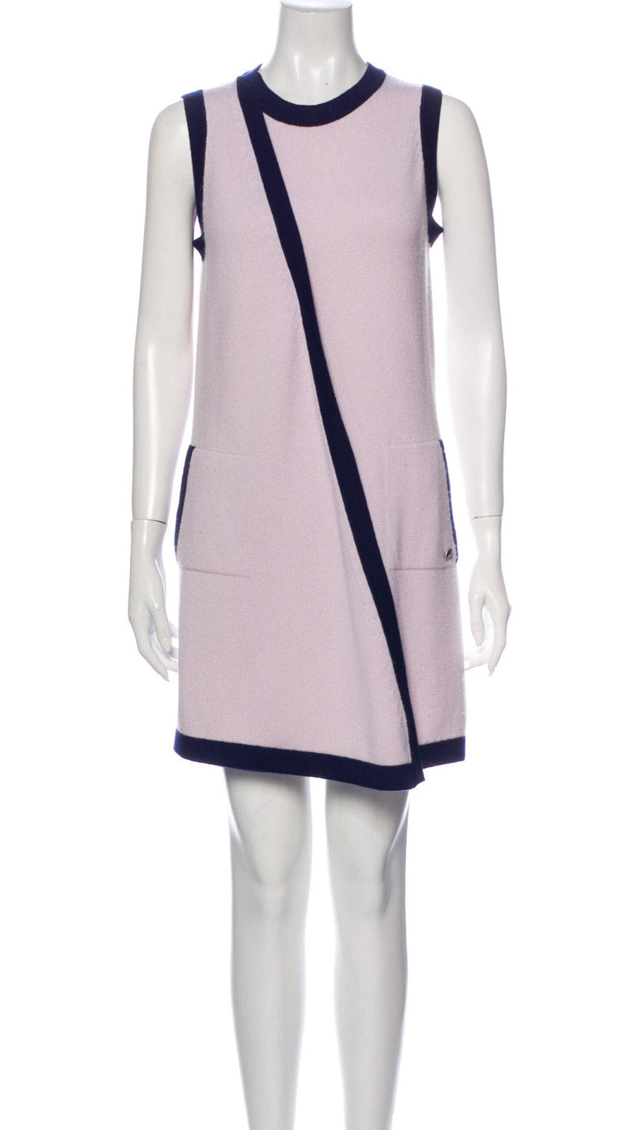 CHANEL 15S Pale pink Navy Trim Cashmere Knit Dress 38 シャネル ペール ピンク ネイビー トリム カシミア ニット ワンピース 即発