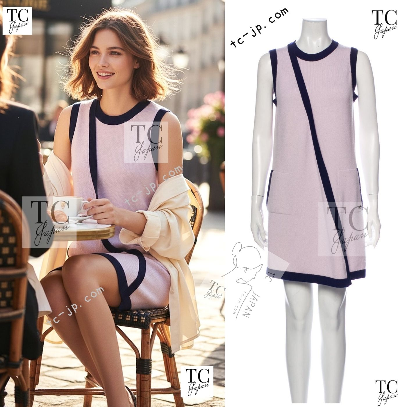 CHANEL 15S Pale pink Navy Trim Cashmere Knit Dress 38 シャネル ペール ピンク ネイビー トリム カシミア ニット ワンピース 即発