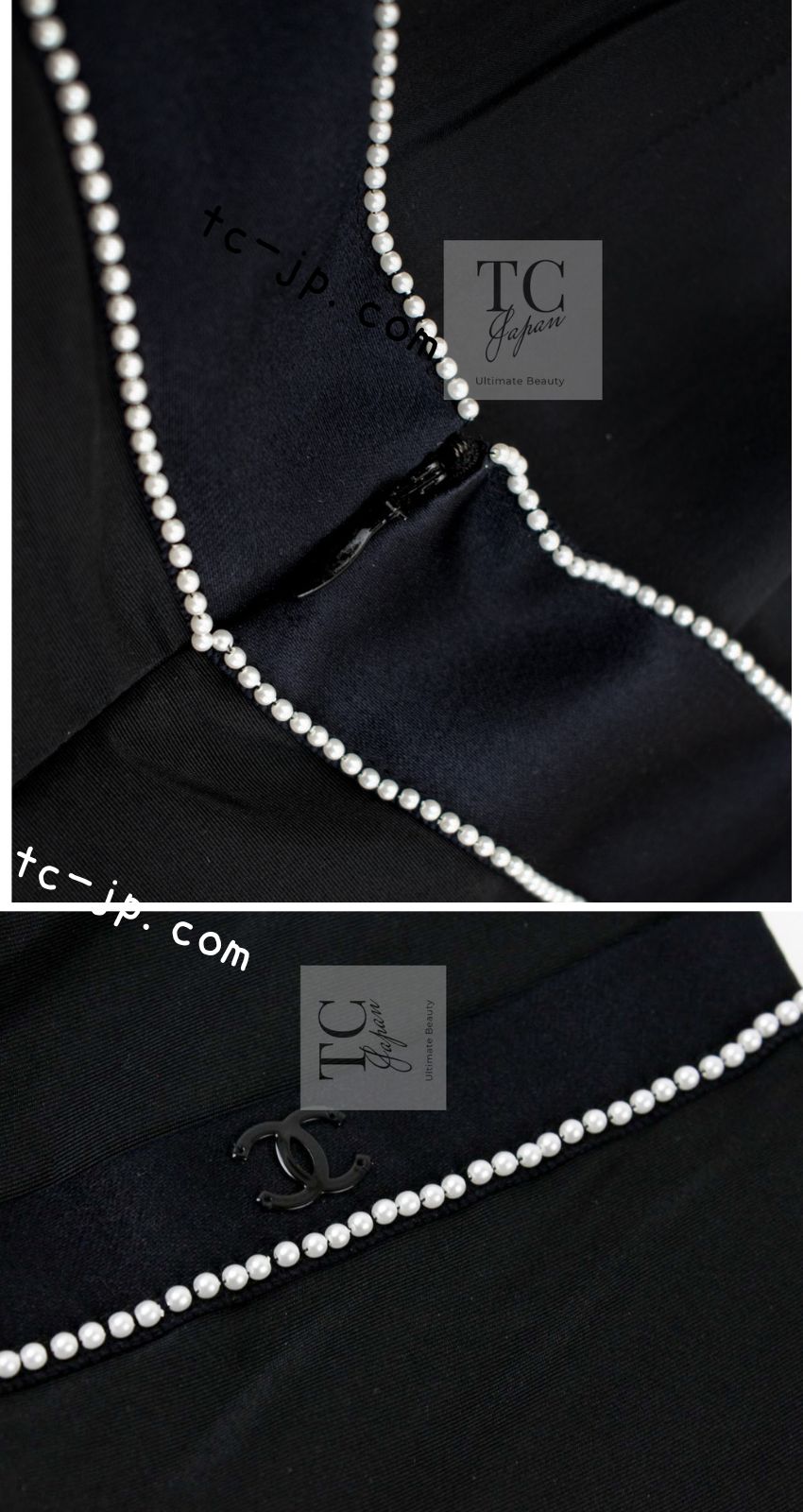 CHANEL 05A Black Silk Silk Taffeta Pearl Trim Dress 34 シャネル ブラック パール トリム  シルク ドレス ワンピース 即発