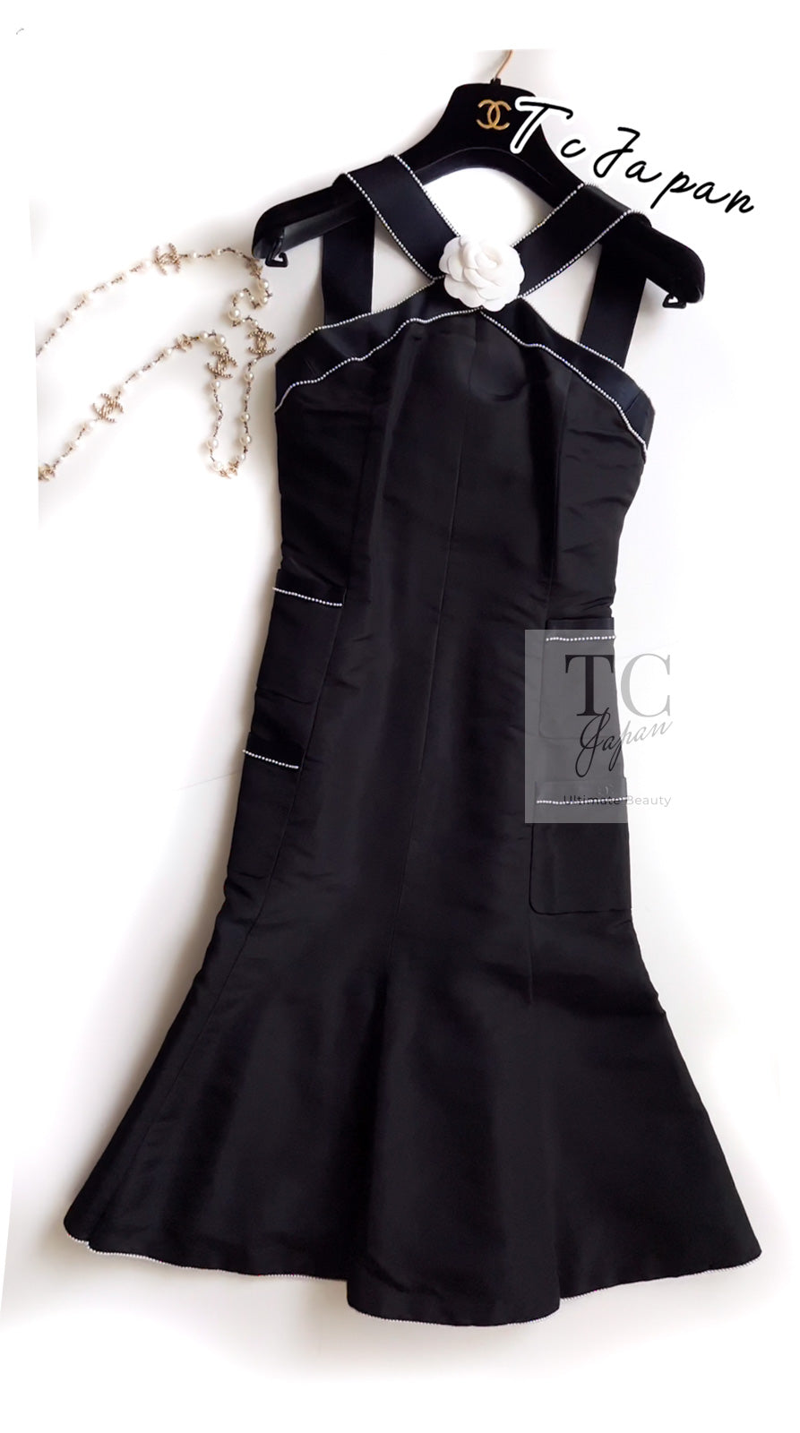 CHANEL 05A Black Silk Silk Taffeta Pearl Trim Dress 34 シャネル ブラック パール トリム シルク ドレス ワンピース 即発