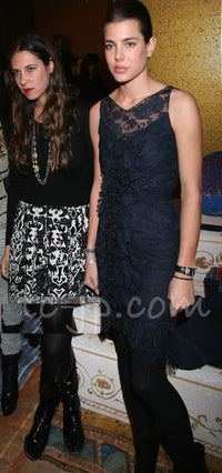 CHANEL 08A Navy Waffle Lace Trim Dress 34 シャネル ネイビー ワッフル レーストリム ワンピース 即発