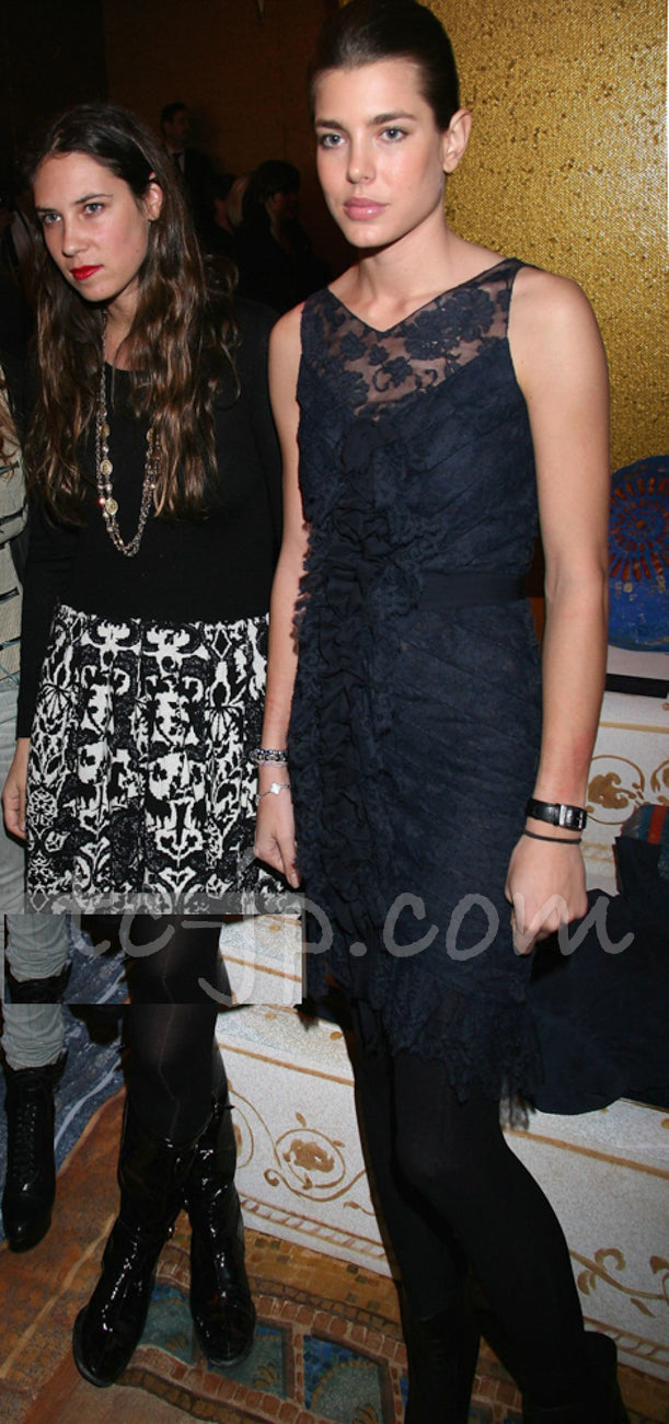 CHANEL 08A Navy Waffle Lace Trim Dress 34 シャネル ネイビー ワッフル レーストリム ワンピース 即発