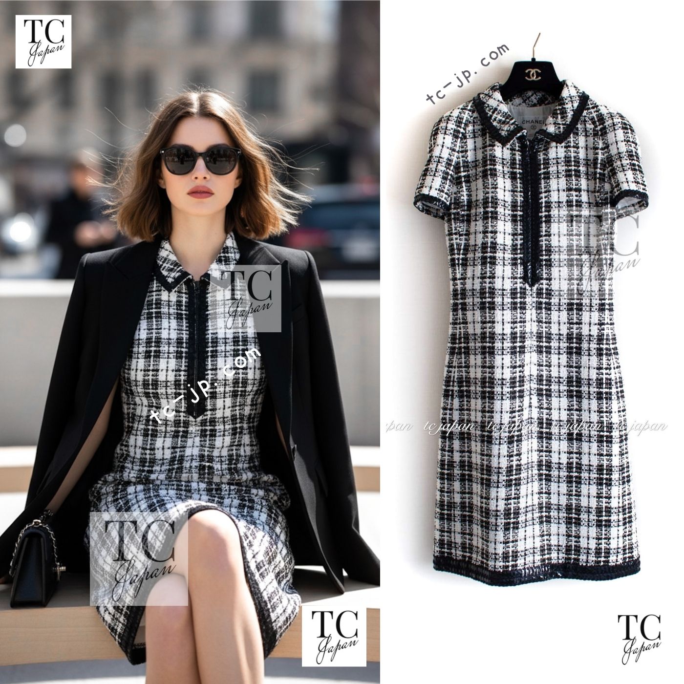 CHANEL 07S Ivory Black Cotton Silk Tweed Dress Alexa Chung 38 シャネル アイボリー ブラック コットン シルク ツイード ワンピース