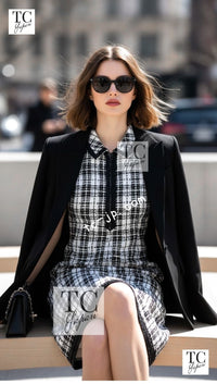 CHANEL 07S Ivory Black Cotton Silk Tweed Dress Alexa Chung 38 シャネル アイボリー ブラック コットン シルク ツイード ワンピース