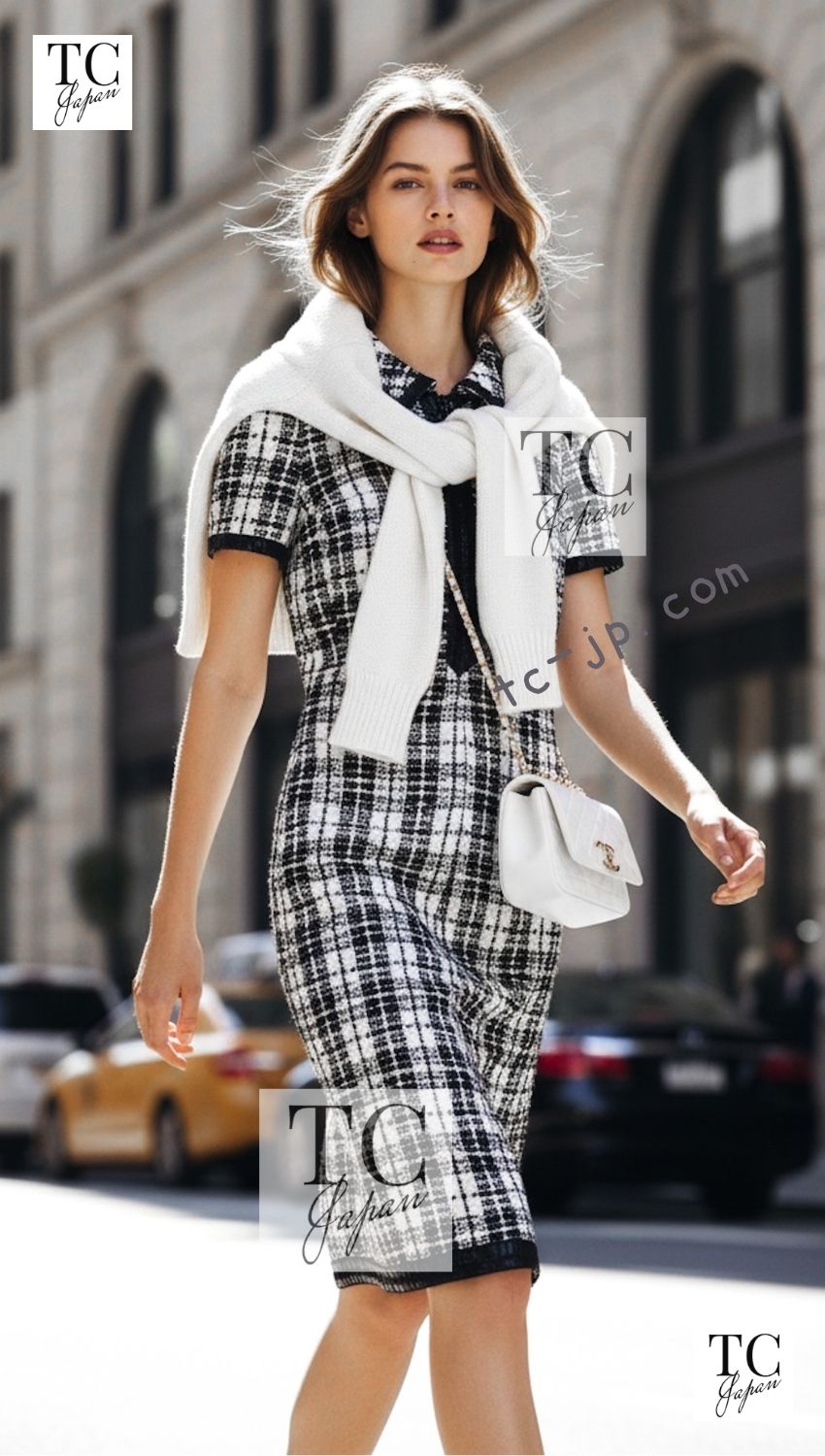 CHANEL 07S Ivory Black Cotton Silk Tweed Dress Alexa Chung 38 シャネル アイボリー ブラック コットン シルク ツイード ワンピース