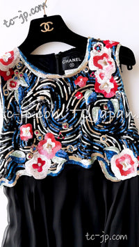 CHANEL 01A Black Multicolor Sequin Embellishments Silk Dress 36 38 シャネル ブラック マルチカラー シルク スパンコール 幻のドレス ワンピース 即発