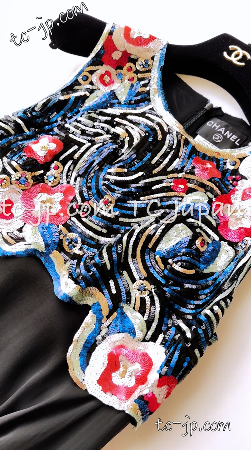 CHANEL 01A Black Multicolor Sequin Embellishments Silk Dress 36 38 シャネル ブラック マルチカラー シルク スパンコール 幻のドレス ワンピース 即発