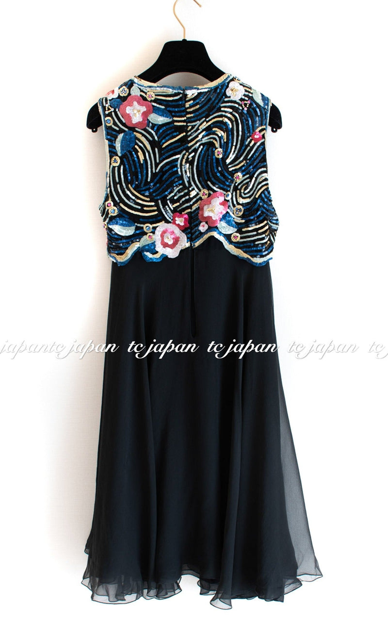 CHANEL 01A Black Multicolor Sequin Embellishments Silk Dress 36 38 シャネル ブラック マルチカラー シルク スパンコール 幻のドレス ワンピース 即発