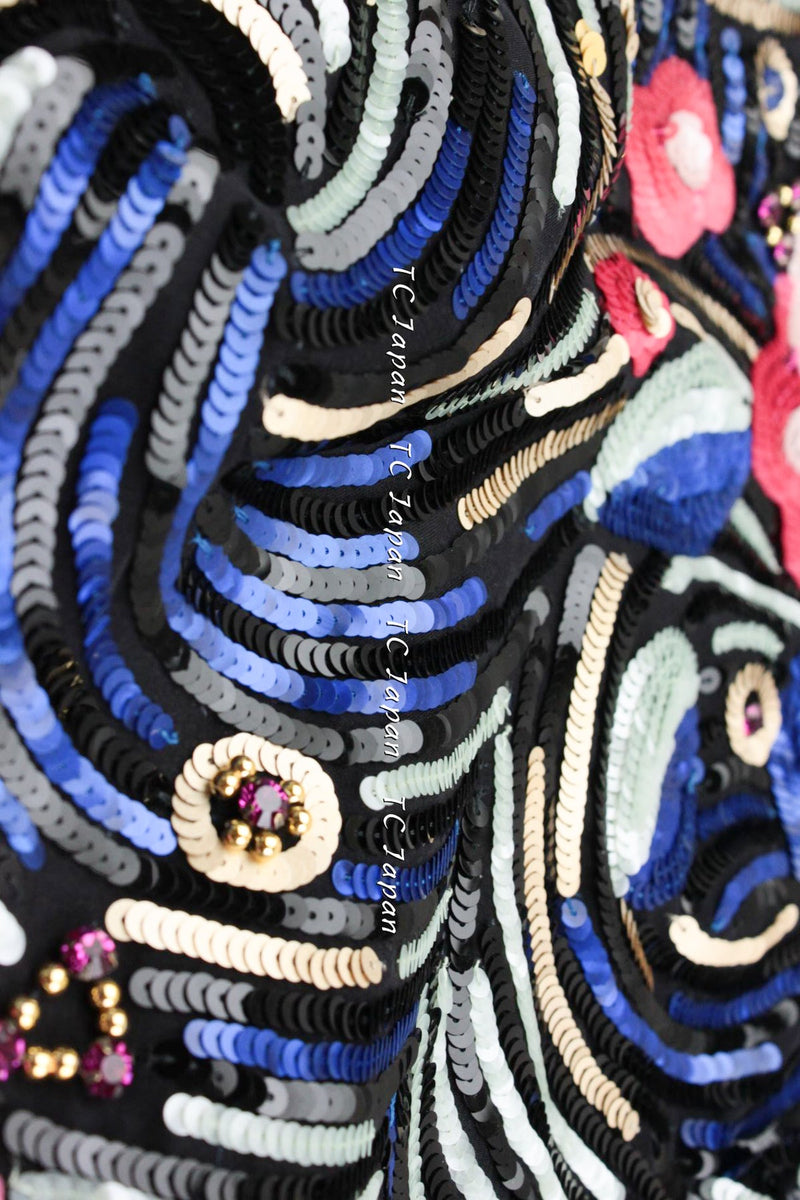 CHANEL 01A Black Multicolor Sequin Embellishments Silk Dress 36 38 シャネル ブラック マルチカラー シルク スパンコール 幻のドレス ワンピース 即発