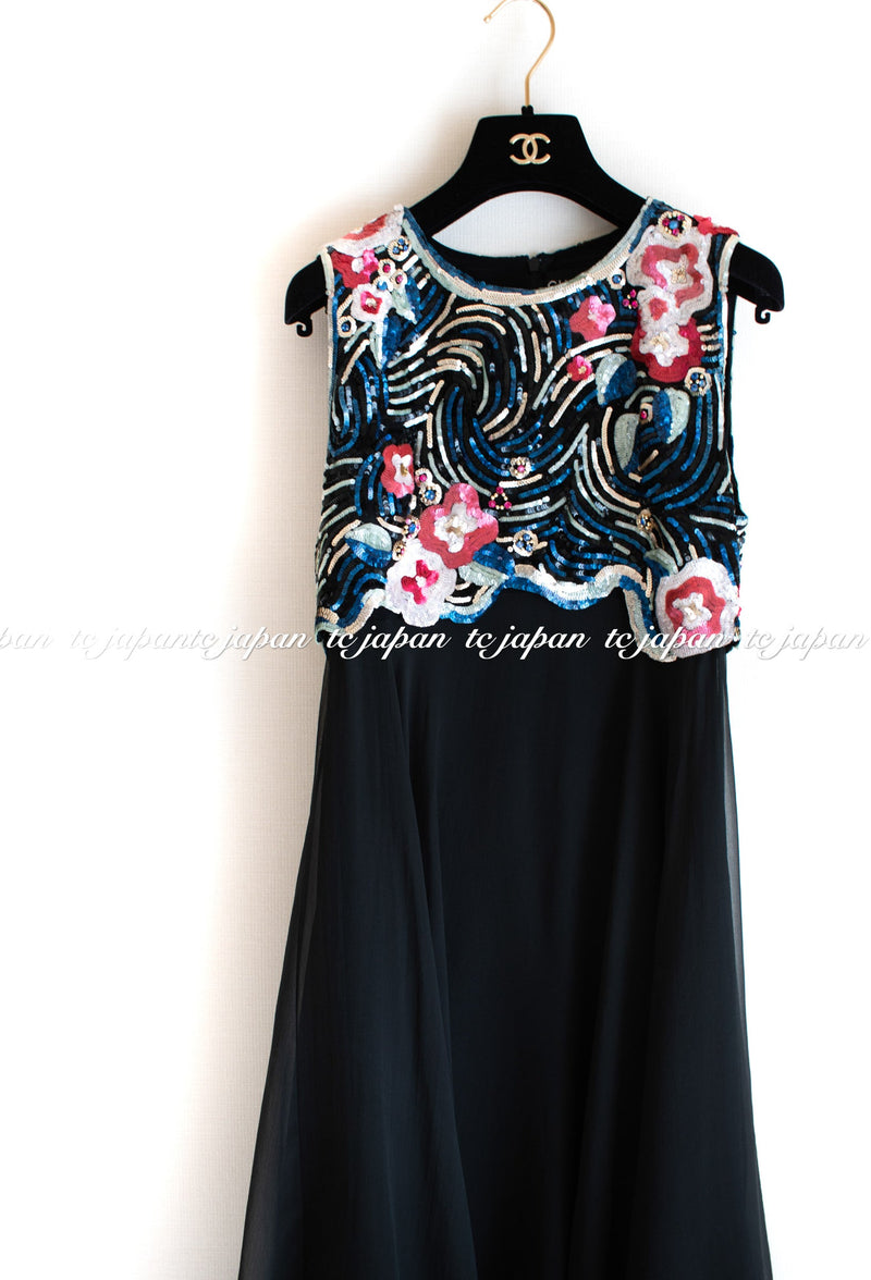 CHANEL 01A Black Multicolor Sequin Embellishments Silk Dress 36 38 シャネル ブラック マルチカラー シルク スパンコール 幻のドレス ワンピース 即発