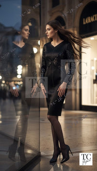 CHANEL 10PF Black Sequin Embellishments Cocktail Dress Coat 36 シャネル ブラック スパンコール カクテルドレス ワンピース コート 即発