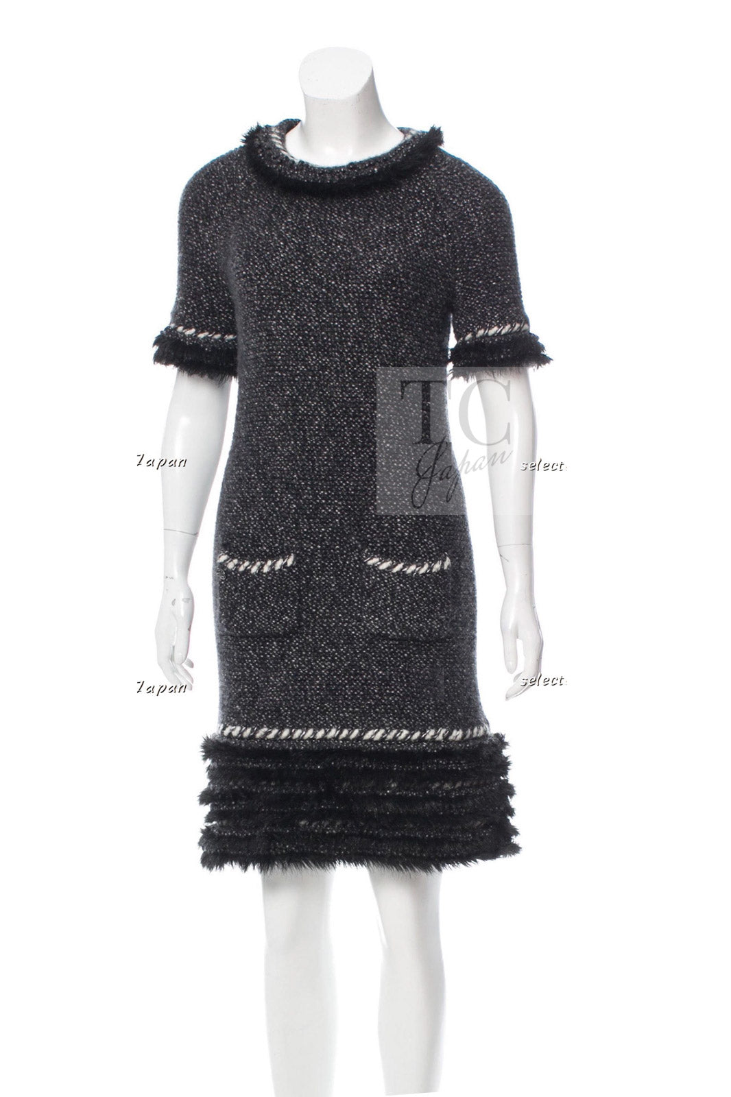 CHANEL 10A Black Fur Trim Cashmere Wool Knit Dress 38 シャネル ブラック ファー トリム カシミヤ ウール ニット ワンピース 即発