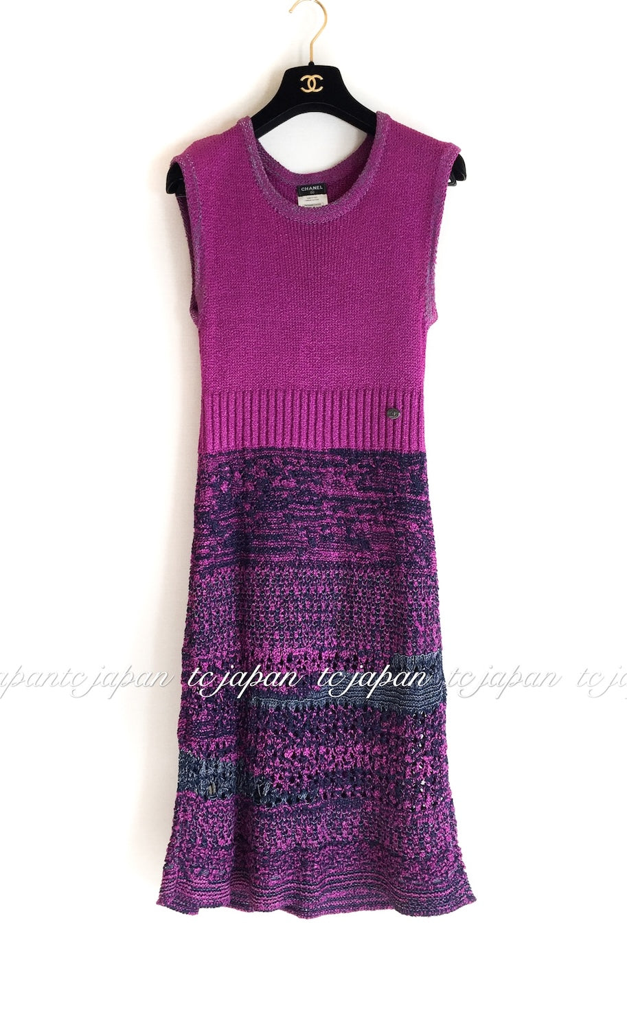 CHANEL 12S Magenta Navy Knit Dress 36 38 シャネル マゼンタ ネイビー ニット ワンピース 即発