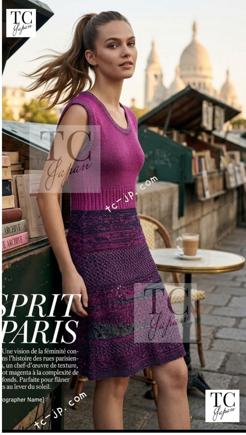 CHANEL 12S Magenta Navy Knit Dress 36 38 シャネル マゼンタ ネイビー ニット ワンピース 即発