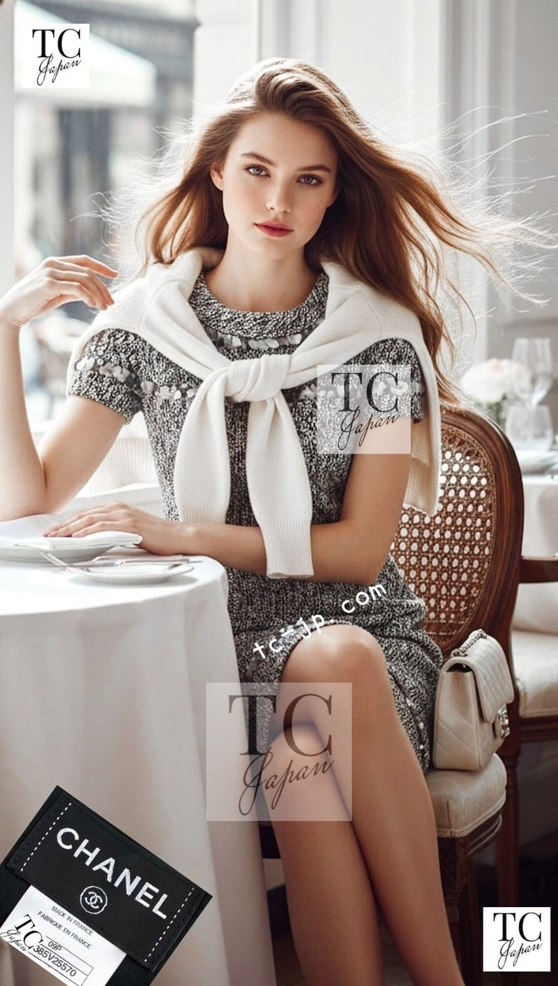 CHANEL 09S Grey Silver Sequin Embellishments Dress 36 38 シャネル グレー シルバー スパンコール ワンピース 即発